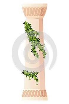 Ancient ivy covered column. Museum and exhibition. Cartoon greek or roman pillar with climbing ivy branches. Antique