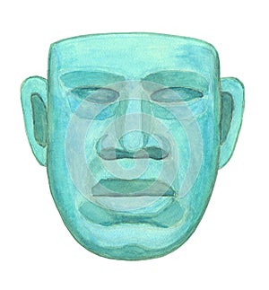 Ancient jade latin american mask, water color illustration