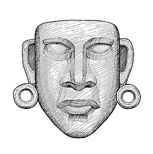 Ancient jade mexican mask, vintage hand drawing