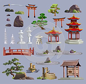 Ancient japan culture objects big set with pagoda, temple, ikebana, bonsai, trees, stone, garden, japanese lantern