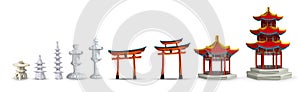 Ancient japan culture objects set with gate, pagoda, temple, garden, japanese lantern isolated vector illustration. Japan vector
