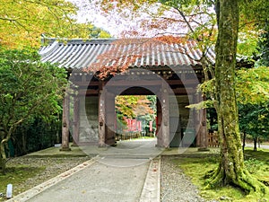 Ancient Japanese temple arched entrance in the autumn season park
