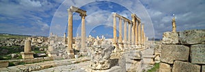 Ancient Jerash, main colonnaded street. Ruins of the Greco-Roman city of Gera at Jordan.