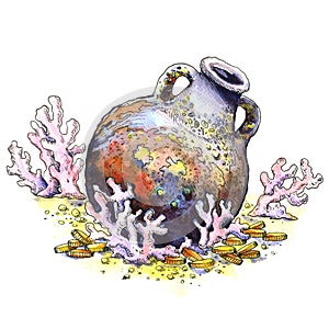 Ancient jug, amphora, coins, coral, isolated. Underwater landscape. Watercolor illustration