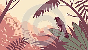Ancient Jungle Ruins with Perched Bird, Lost Civilization Theme, vector design Generative AI photo