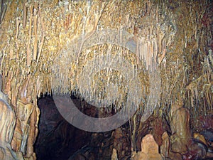Ancient karst cave with stalactites and stalagmites, Petralona cave Greece