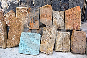 Ancient khachkars near the Sevanavank (Sevanavank Monastery) in Armenia