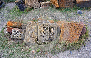 Ancient khachkars near the Sevanavank (Sevanavank Monastery) in Armenia