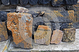 Ancient khachkars near the Sevanavank (Sevanavank Monastery) in Armenia