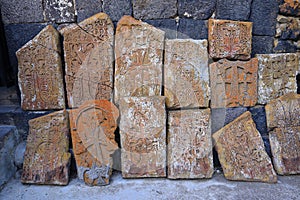 Ancient khachkars near the Sevanavank (Sevanavank Monastery) in Armenia