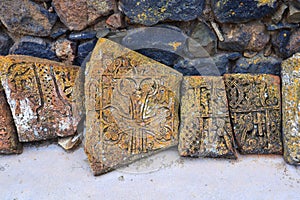 Ancient khachkars near the Sevanavank (Sevanavank Monastery) in Armenia