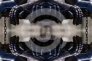 Ancient Knight Iron Armour Gloves, Mirrored Abstract Background.