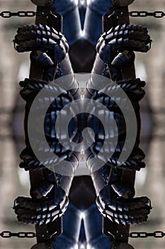 Ancient Knight Iron Armour Gloves, Mirrored Abstract Background.