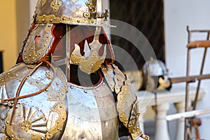 An ancient Knight& x27;s helmet with armor.A medieval concept