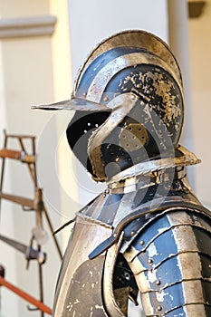 An ancient Knight`s helmet with armor.A medieval concept