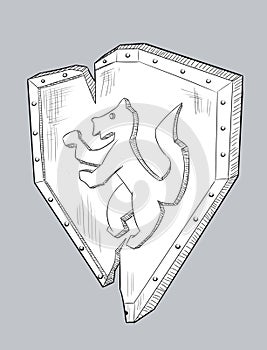 Ancient knight shield cartoon style black and white sketch