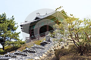 Ancient Korean pagoda side view. Suwon City, South Korea