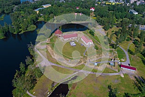 The ancient Korela fortress in the city landscape aerial photography. Priozersk, Russia