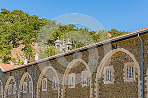 The ancient Kykkos monastery is the main shrine of Cyprus .The stone bell tower located on the mountain slope over the monastery,