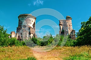 Ancient landscape with ruined towers in green bushes. Blue sky background. Apocalyptic screensaver. Photos for puzzles