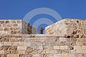 Ancient Larnaca castle walls and cannons in the courtyard, Cyprus