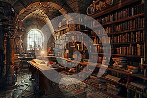 Ancient library with books of secrets only accessible by sorcerers with the correct magical identity sigils photo