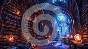 An ancient library filled with magical books, glowing orbs. Resplendent.