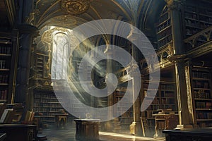 An ancient library filled with magical books, glowing orbs. Resplendent.