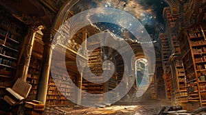 An ancient library filled with magical books, glowing orbs. Resplendent.