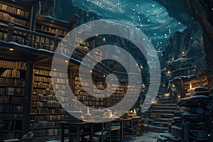 An ancient library filled with magical books, glowing orbs. Resplendent.