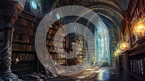 An ancient library filled with magical books, glowing orbs. Resplendent.