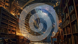 An ancient library filled with magical books, glowing orbs. Resplendent.