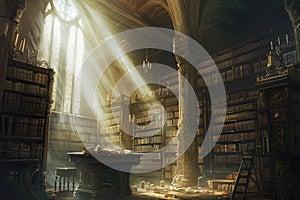 An ancient library filled with magical books, glowing orbs. Resplendent.