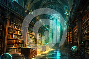 An ancient library filled with magical books, glowing orbs. Resplendent.