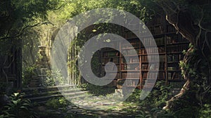 An ancient library in a hidden forest, overgrown with ivy, books. Resplendent.