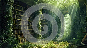 An ancient library in a hidden forest, overgrown with ivy, books. Resplendent.