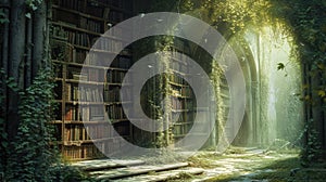An ancient library in a hidden forest, overgrown with ivy, books. Resplendent.