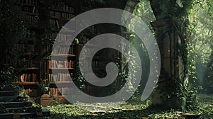 An ancient library in a hidden forest, overgrown with ivy, books. Resplendent.