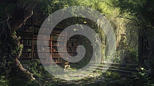 An ancient library in a hidden forest, overgrown with ivy, books. Resplendent.