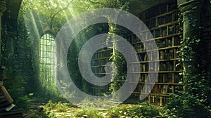 An ancient library in a hidden forest, overgrown with ivy, books. Resplendent.