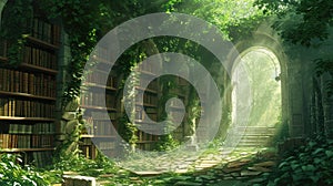 An ancient library in a hidden forest, overgrown with ivy, books. Resplendent.