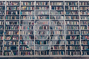 Ancient library interior design with massive wooden grey book sh