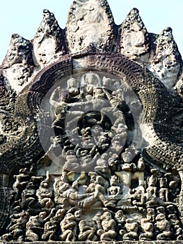 Ancient Lintel Stone Carving at Angkor Wat photo