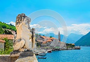 Ancient lion statue in Perast town, Kotor Bay, Montenegro, Europe