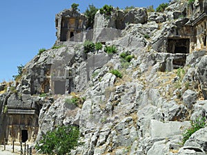 Ancient lycian Myra rock tomb ruins in Demre, Antalya