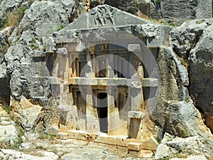 Ancient lycian Myra rock tomb ruins in Demre, Antalya