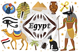 Ancient magic Egypt set icons objects. Collection design elements witch sorrow beetles, Pharaoh, pyramid, ankh, Anubis