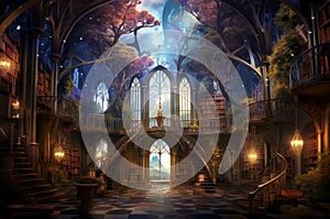 Ancient Magic interior library. Generate Ai