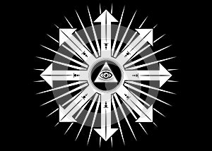 Ancient magical sigil, occult mystic symbol of chaos for witchcraft and black magic. Sacred Masonic all Seeing eye, the third eye