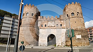 Ancient majestic and well preserved Porta San Paolo gate one of the southern gates of the Aurelian Walls in Rome